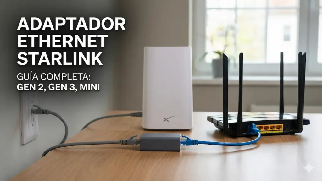 Adaptador Ethernet de Starlink original conectado a un router de segunda generación para salida de red cableada